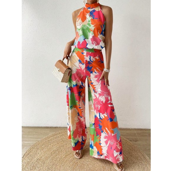 Floral Print Halter Top & Wide Leg Pants Coord Set - Picture 2 of 9